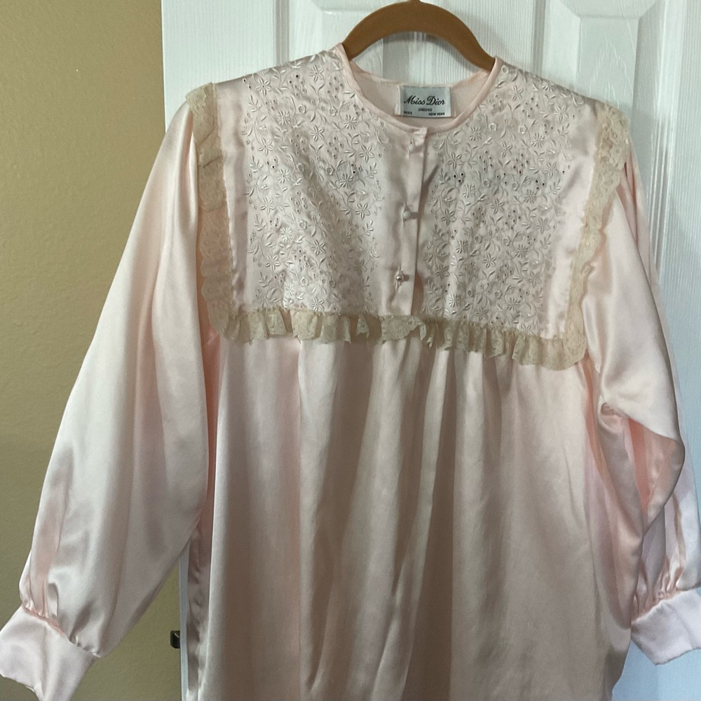 Vintage Baby Pink Miss Dior Long Sleeve Nightgown W/Embroidery & Lace